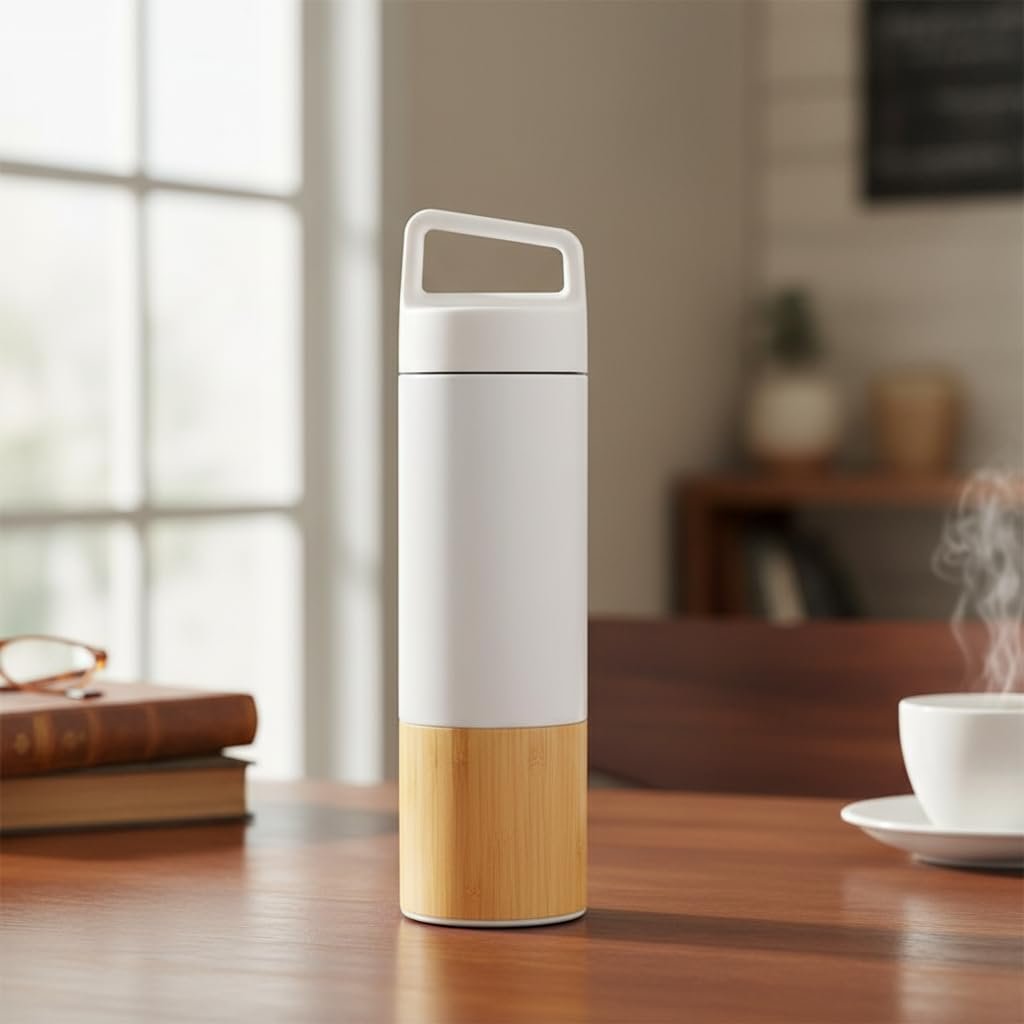 Deconox 600 ml Bambu Tabanlı Kulplu Çelik Termos Mug - 5 Renk Seçenekli Sıcak/Soğuk Tutucu Seyahat Bardağı (BEYAZ)