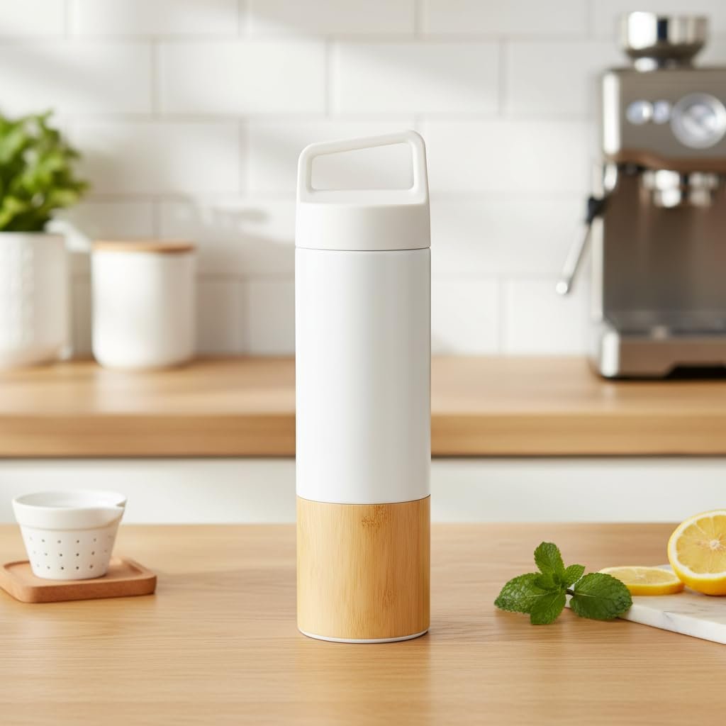 Deconox 600 ml Bambu Tabanlı Kulplu Çelik Termos Mug - 5 Renk Seçenekli Sıcak/Soğuk Tutucu Seyahat Bardağı (BEYAZ)