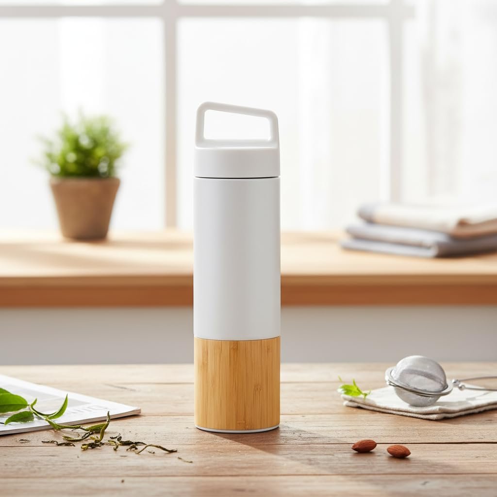 Deconox 600 ml Bambu Tabanlı Kulplu Çelik Termos Mug - 5 Renk Seçenekli Sıcak/Soğuk Tutucu Seyahat Bardağı (BEYAZ)