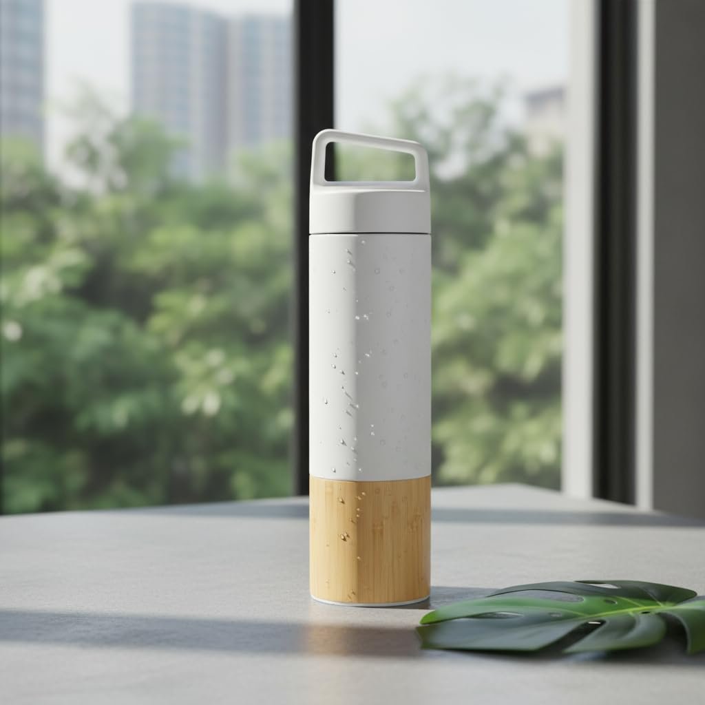 Deconox 600 ml Bambu Tabanlı Kulplu Çelik Termos Mug - 5 Renk Seçenekli Sıcak/Soğuk Tutucu Seyahat Bardağı (BEYAZ)