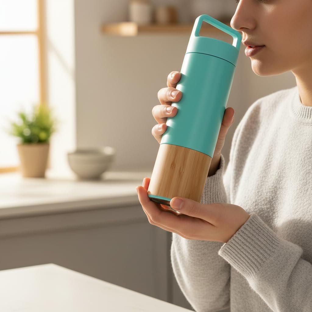 Deconox 600 ml Bambu Tabanlı Kulplu Çelik Termos Mug - 5 Renk Seçenekli Sıcak/Soğuk Tutucu Seyahat Bardağı (TURKUAZ)