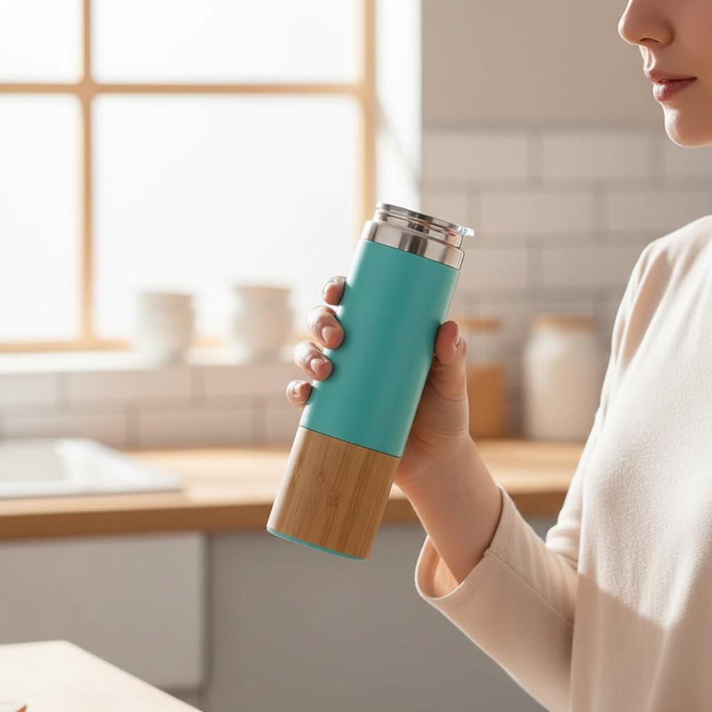 Deconox 600 ml Bambu Tabanlı Kulplu Çelik Termos Mug - 5 Renk Seçenekli Sıcak/Soğuk Tutucu Seyahat Bardağı (TURKUAZ)