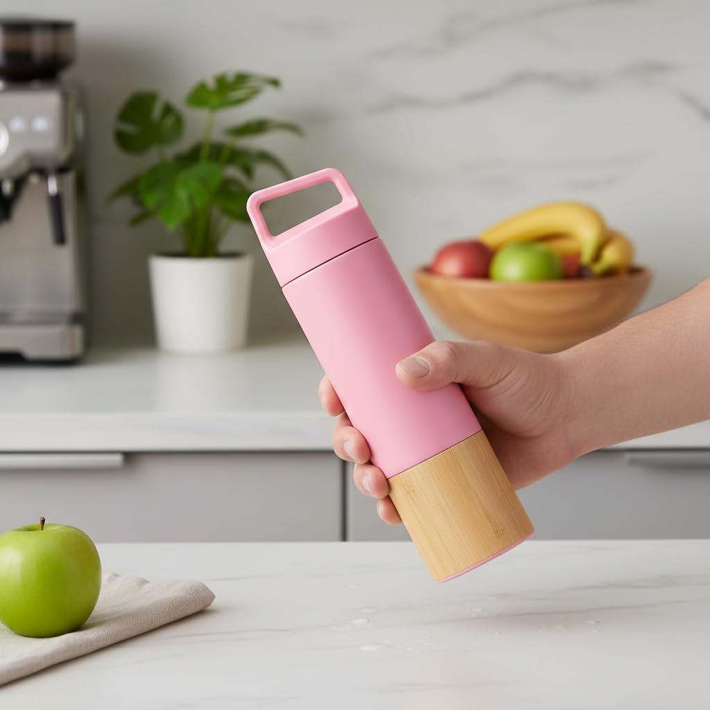 Deconox 600 ml Bambu Tabanlı Kulplu Çelik Termos Mug - 5 Renk Seçenekli Sıcak/Soğuk Tutucu Seyahat Bardağı (PEMBE)