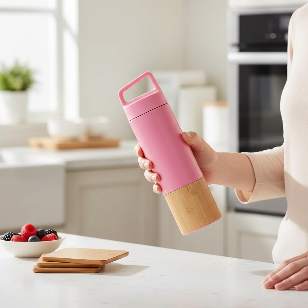 Deconox 600 ml Bambu Tabanlı Kulplu Çelik Termos Mug - 5 Renk Seçenekli Sıcak/Soğuk Tutucu Seyahat Bardağı (PEMBE)