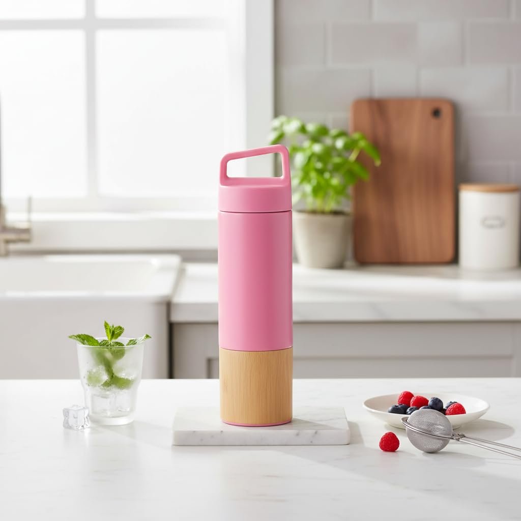Deconox 600 ml Bambu Tabanlı Kulplu Çelik Termos Mug - 5 Renk Seçenekli Sıcak/Soğuk Tutucu Seyahat Bardağı (PEMBE)