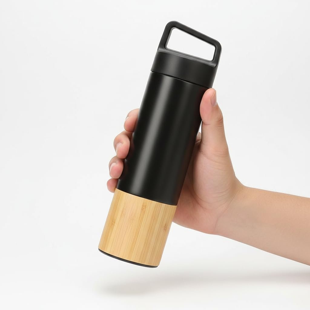 Deconox 600 ml Bambu Tabanlı Kulplu Çelik Termos Mug - 5 Renk Seçenekli Sıcak/Soğuk Tutucu Seyahat Bardağı (SİYAH)