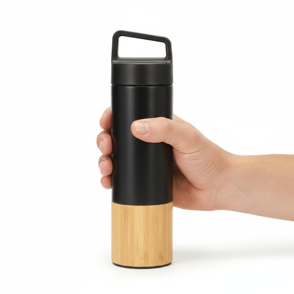 Deconox 600 ml Bambu Tabanlı Kulplu Çelik Termos Mug - 5 Renk Seçenekli Sıcak/Soğuk Tutucu Seyahat Bardağı (SİYAH)
