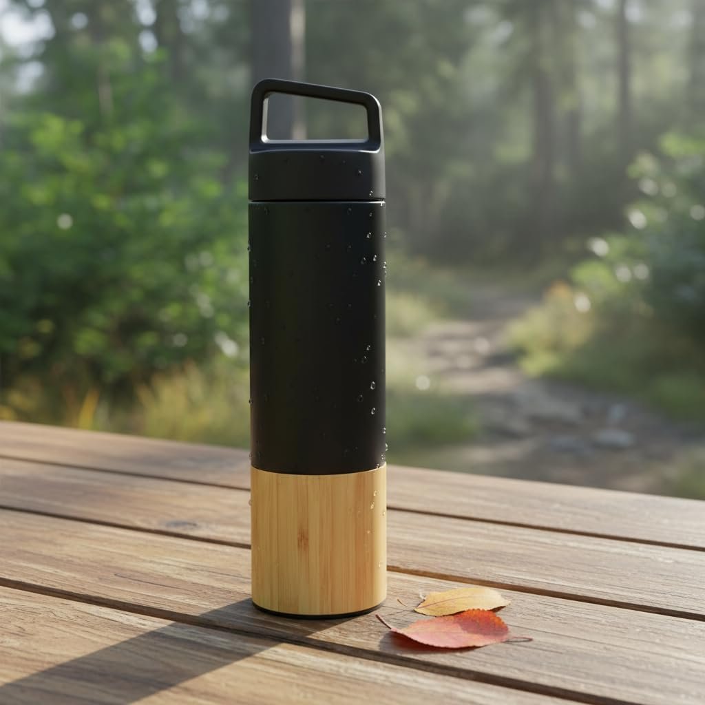 Deconox 600 ml Bambu Tabanlı Kulplu Çelik Termos Mug - 5 Renk Seçenekli Sıcak/Soğuk Tutucu Seyahat Bardağı (SİYAH)