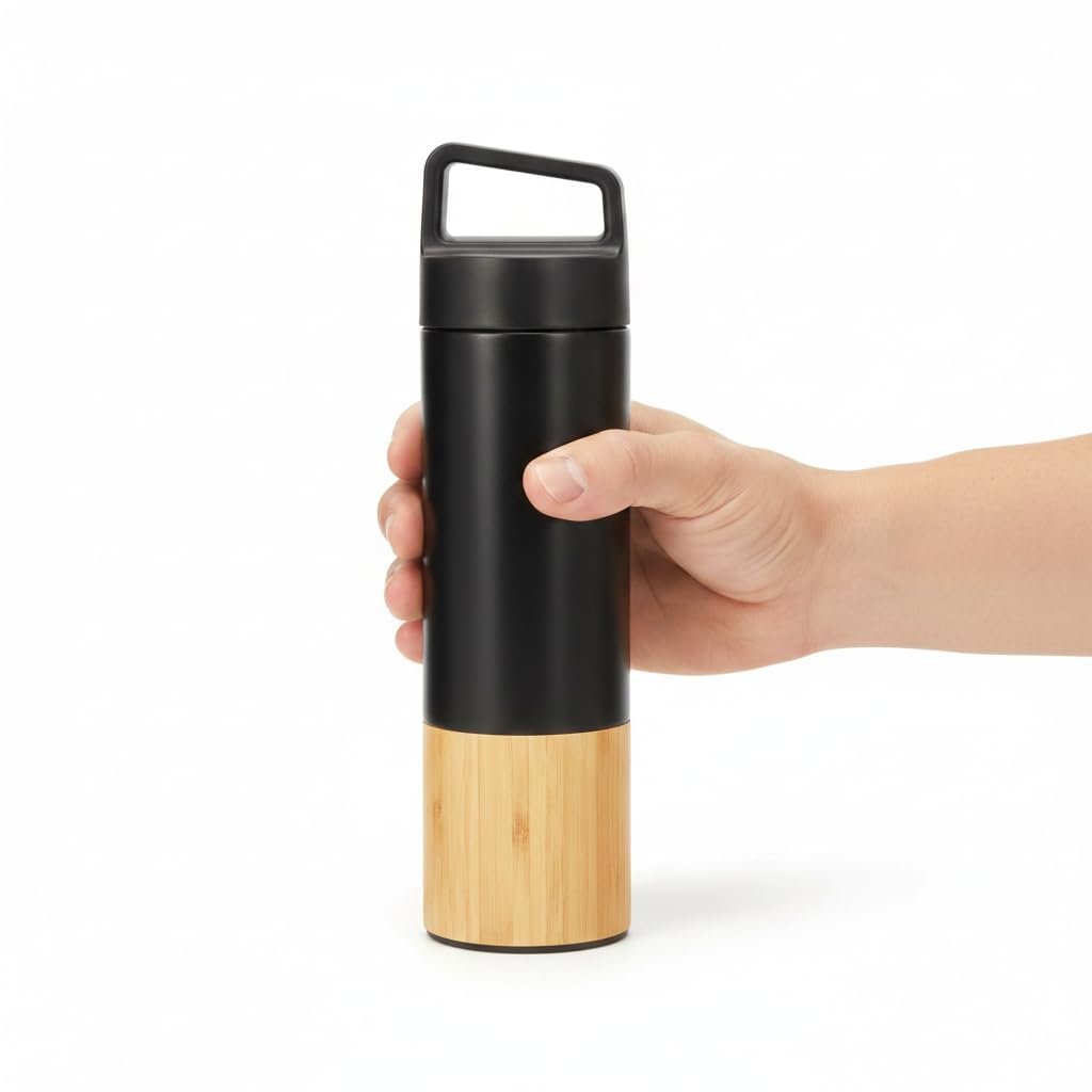 Deconox 600 ml Bambu Tabanlı Kulplu Çelik Termos Mug - 5 Renk Seçenekli Sıcak/Soğuk Tutucu Seyahat Bardağı (SİYAH)