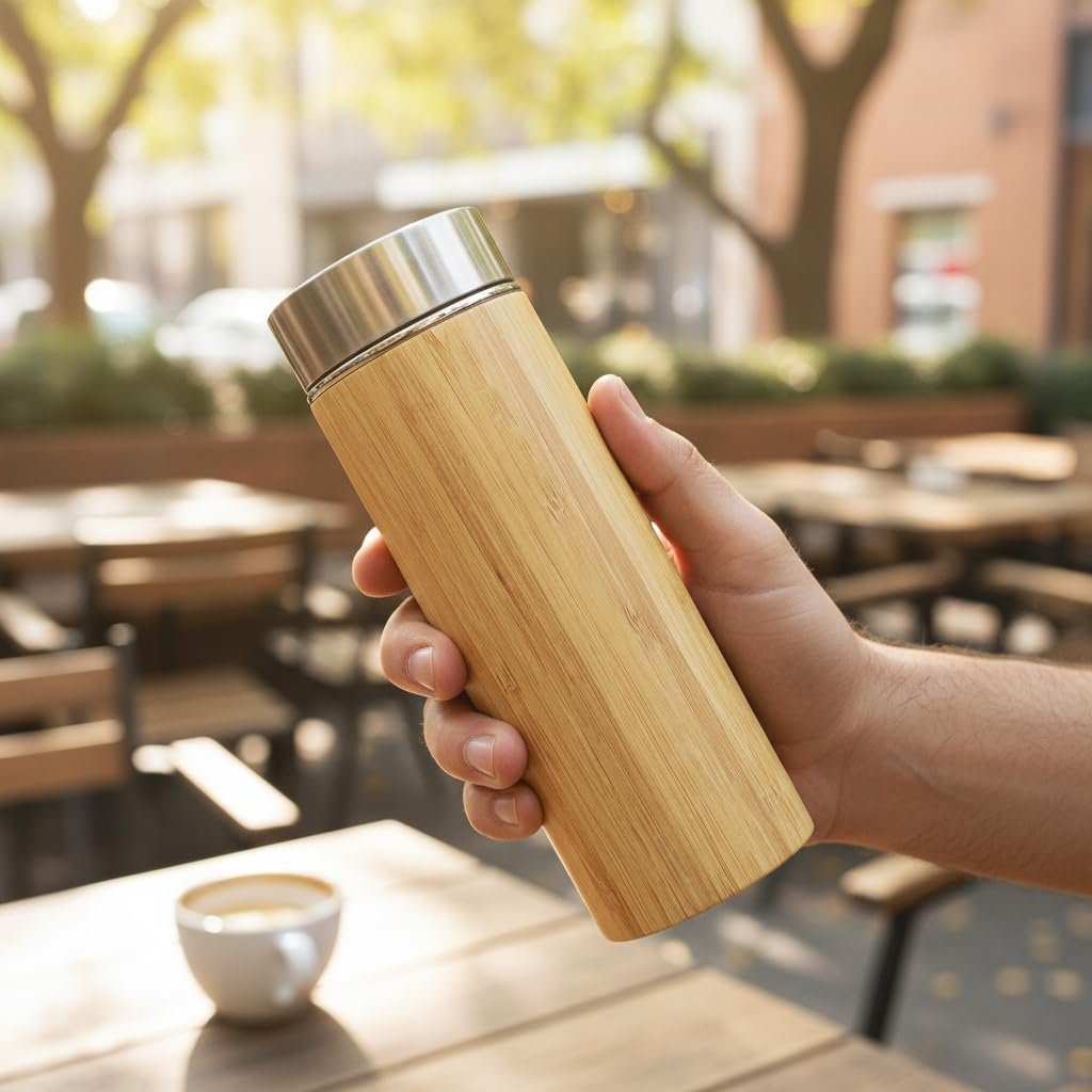 Deconox 450 ml Bambu Kaplamalı Çelik Termos - Klasik Bardak Kapaklı Sıcak ve Soğuk Tutucu Seyahat Termosu