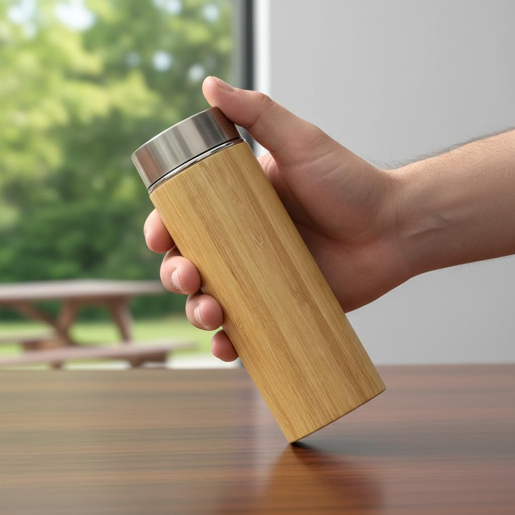Deconox 450 ml Bambu Kaplamalı Çelik Termos - Klasik Bardak Kapaklı Sıcak ve Soğuk Tutucu Seyahat Termosu