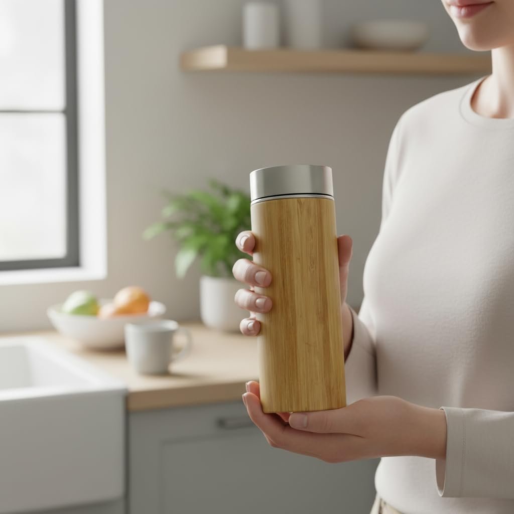 Deconox 450 ml Bambu Kaplamalı Çelik Termos - Klasik Bardak Kapaklı Sıcak ve Soğuk Tutucu Seyahat Termosu