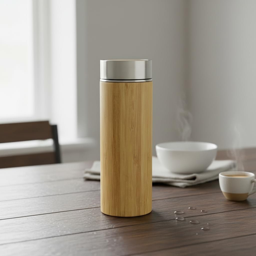 Deconox 450 ml Bambu Kaplamalı Çelik Termos - Klasik Bardak Kapaklı Sıcak ve Soğuk Tutucu Seyahat Termosu
