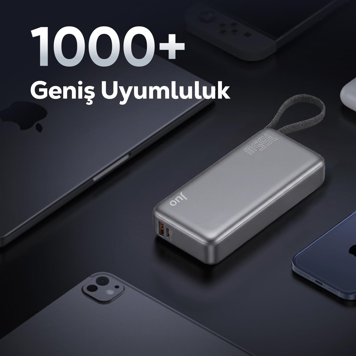 Juo 20000mAh 165W LED Ekranlı Type-C Kablolu Powerbank USB-A + USB-C Macbook Notebook Telefon Taşınabilir PD Hızlı Şarj Cihazı