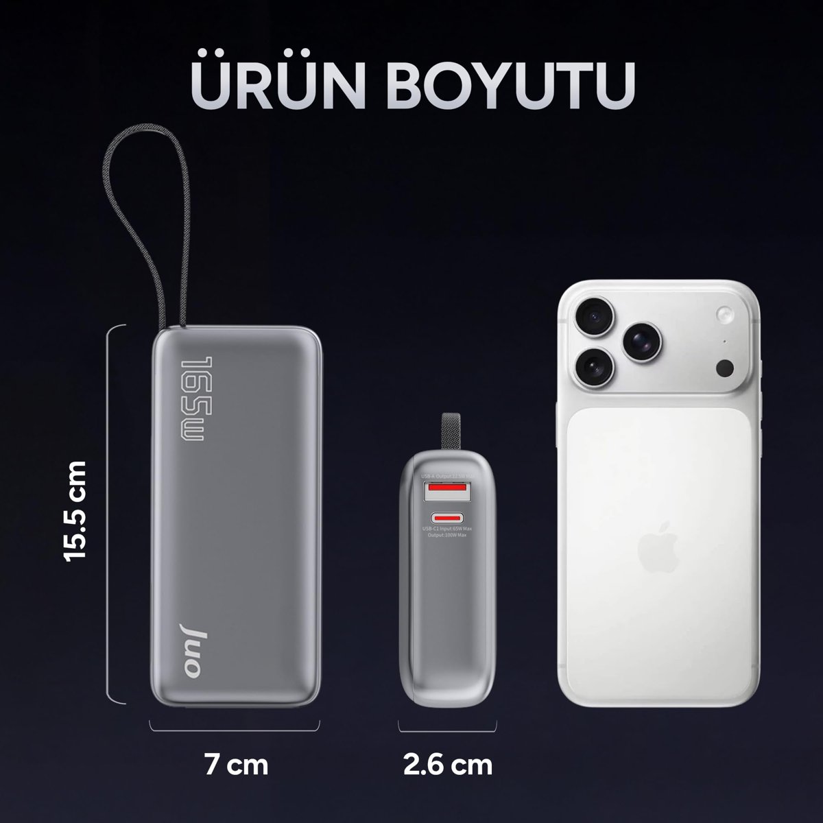 Juo 20000mAh 165W LED Ekranlı Type-C Kablolu Powerbank USB-A + USB-C Macbook Notebook Telefon Taşınabilir PD Hızlı Şarj Cihazı