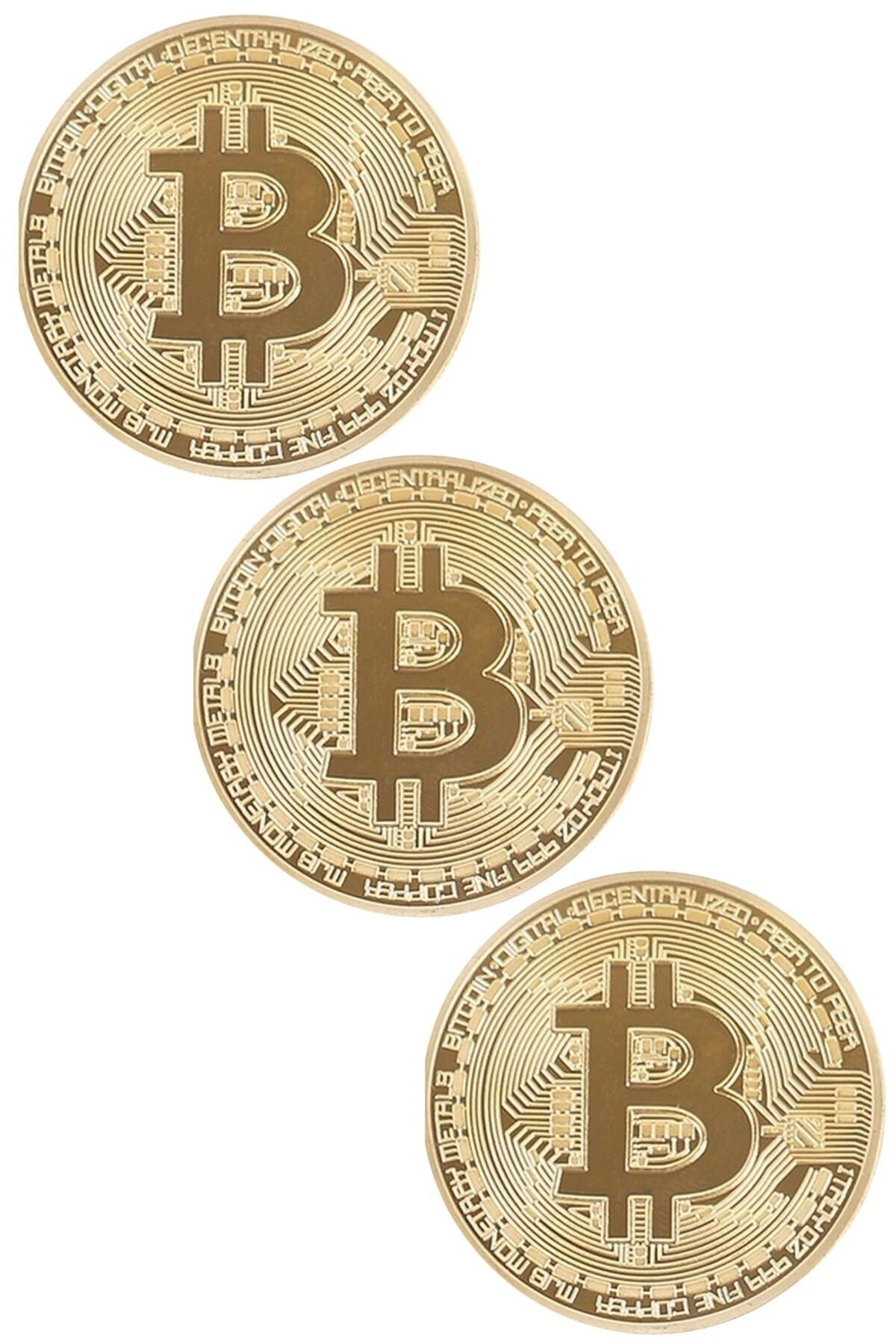Buffer Bitcoin Madeni Hatıra Parası, Altın Rengi, 4,5 cm, 3 Adet Set