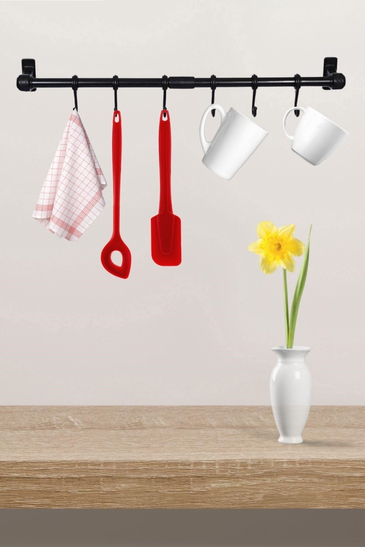 Buffer Duvara Monte Edilen 6 Kancalı Dekor Kaşıklık ve Kupa Askısı, Siyah, 56 cm MM72YT2258