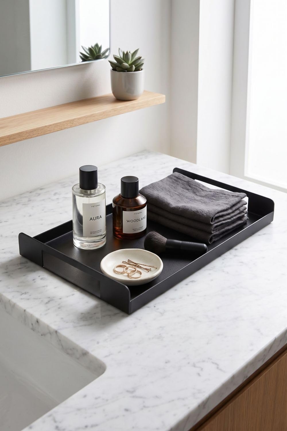 Orret Home Metal Çay Tepsisi Siyah Sunum Tepsisi Servis Tepsisi Dikdörtgen Dekoratif Tepsi Kahve Çay Servis Tepsisi Mutfak Banyo Organizer Tepsi