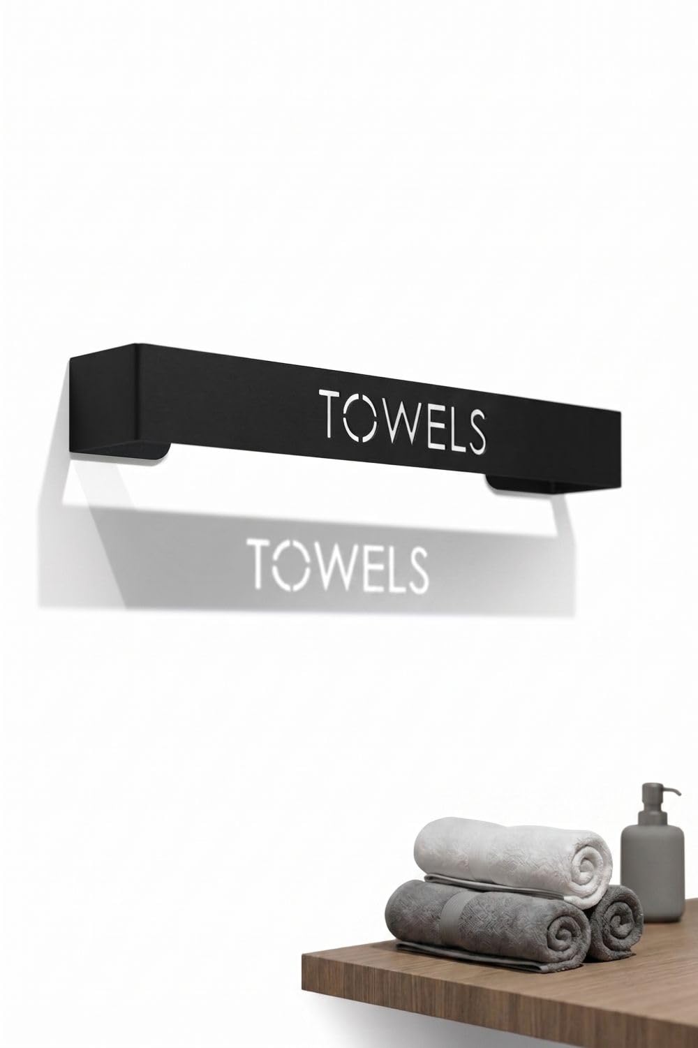 Orret Home Yapışkanlı Havlu Askısı Siyah Metal Havluluk TOWELS Yazılı Banyo Havlu Tutucu Duvar Tipi Havluluk Dikey Yatay Kullanım Modern Havlu Askılığı