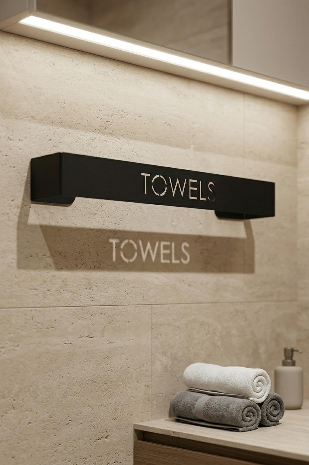 Orret Home Yapışkanlı Havlu Askısı Siyah Metal Havluluk TOWELS Yazılı Banyo Havlu Tutucu Duvar Tipi Havluluk Dikey Yatay Kullanım Modern Havlu Askılığı
