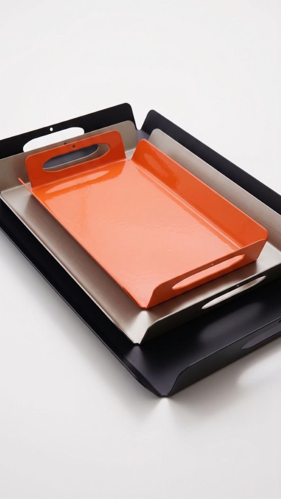 Orret Home Metal 3’lü Tepsi Seti Sunum Tepsisi Kahvaltı Tepsisi Servis Tepsisi Dekoratif Tepsi Seti Siyah Gümüş Turuncu Modern Tepsi Seti