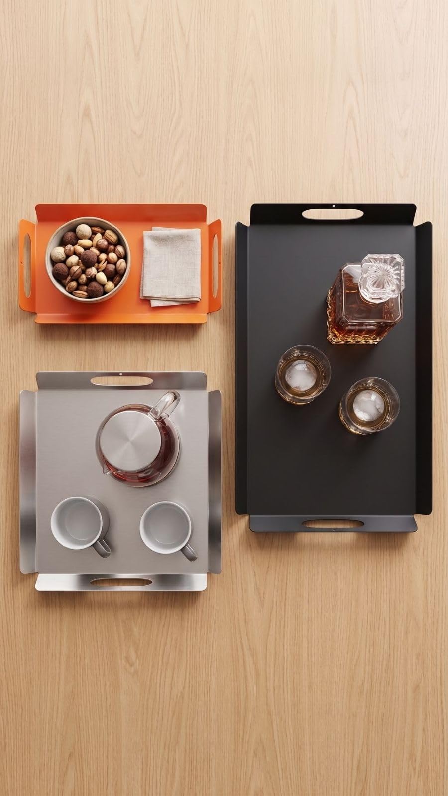 Orret Home Metal 3’lü Tepsi Seti Sunum Tepsisi Kahvaltı Tepsisi Servis Tepsisi Dekoratif Tepsi Seti Siyah Gümüş Turuncu Modern Tepsi Seti