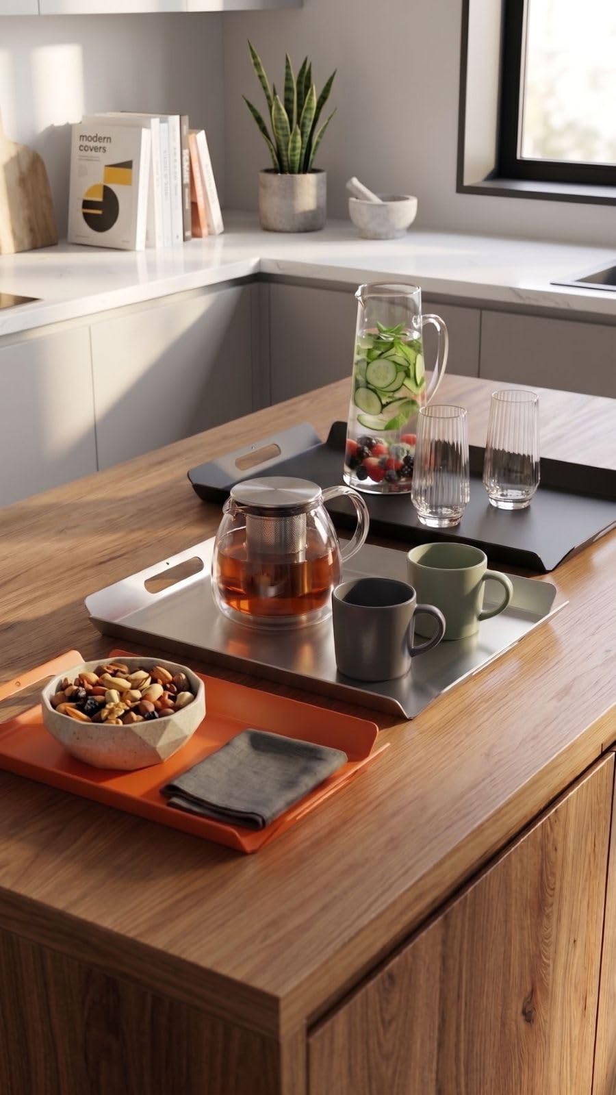 Orret Home Metal 3’lü Tepsi Seti Sunum Tepsisi Kahvaltı Tepsisi Servis Tepsisi Dekoratif Tepsi Seti Siyah Gümüş Turuncu Modern Tepsi Seti