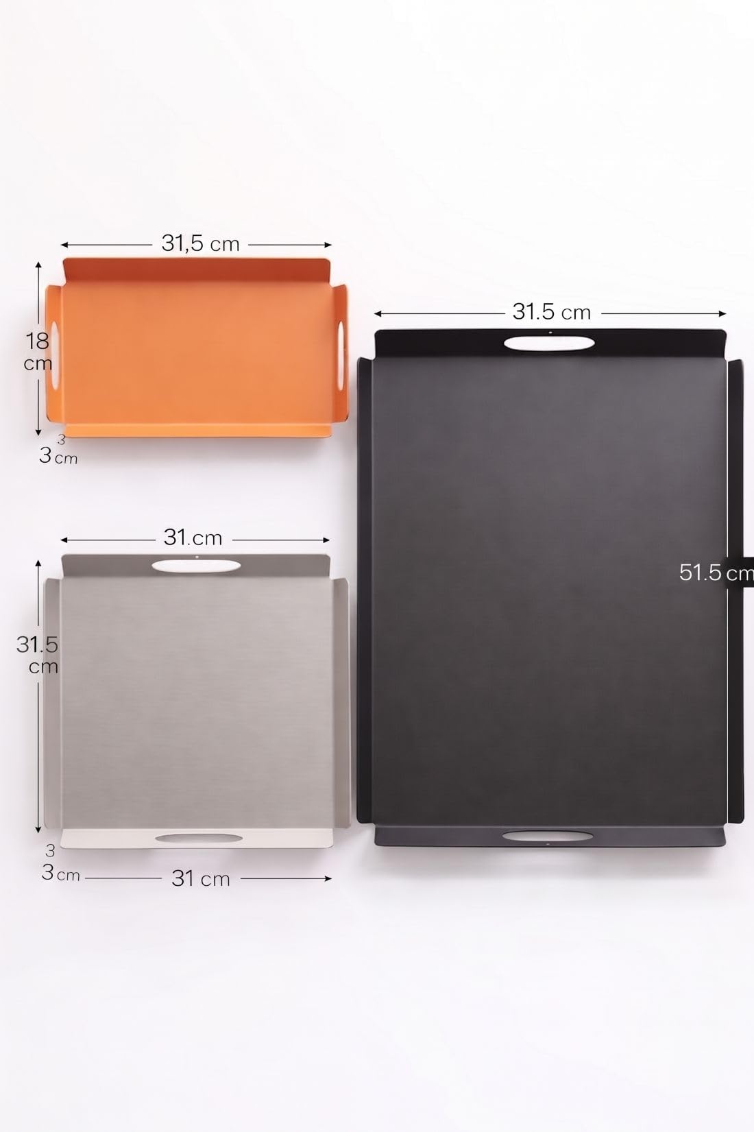Orret Home Metal 3’lü Tepsi Seti Sunum Tepsisi Kahvaltı Tepsisi Servis Tepsisi Dekoratif Tepsi Seti Siyah Gümüş Turuncu Modern Tepsi Seti