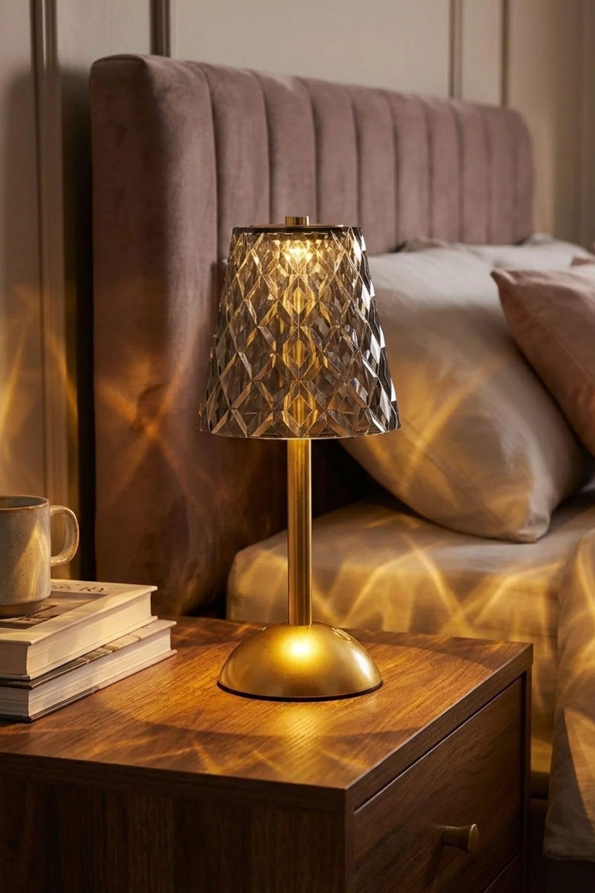 Buffer Uzun Klasik Gri-Gold LED Masa Lambası, Dokunmatik, 3 Renk Işık Modlu, Şarjlı