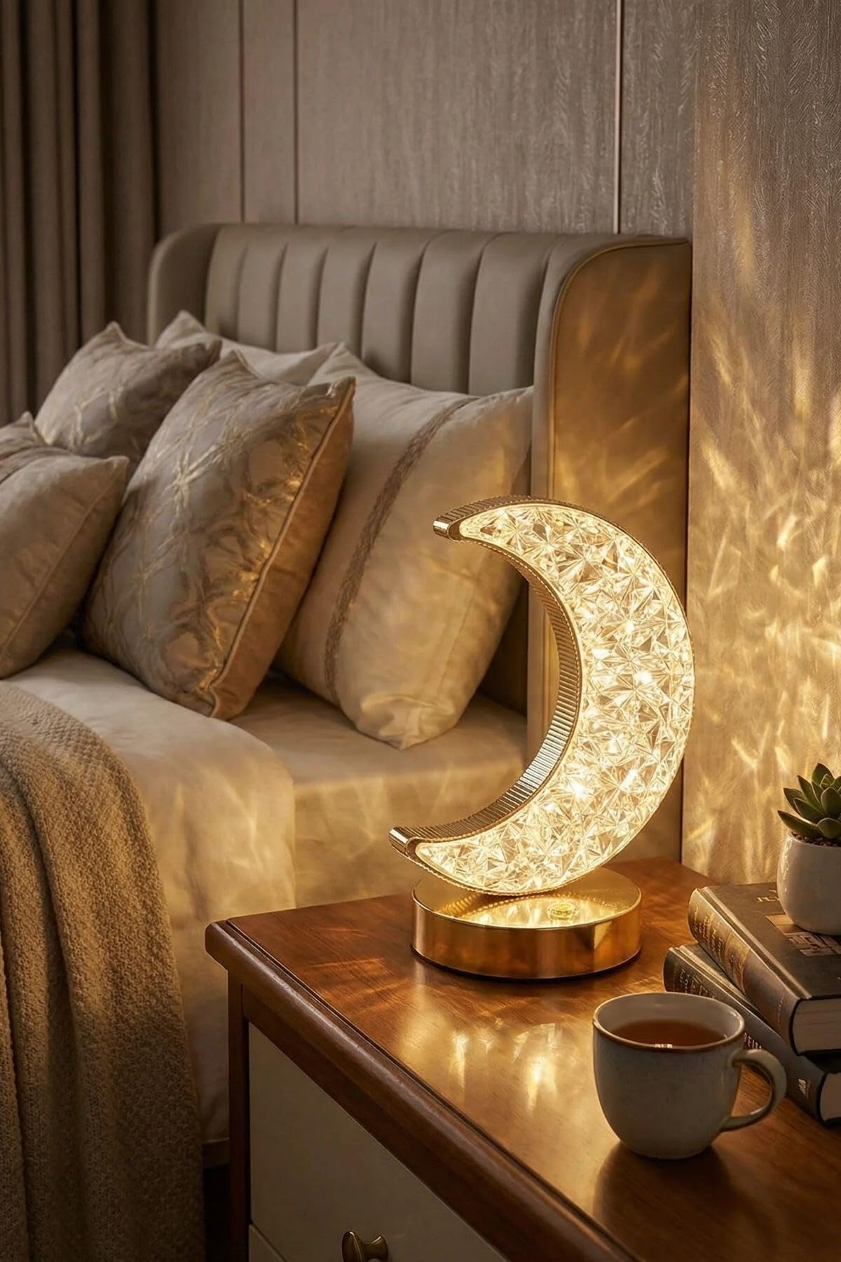 Buffer Hilal Ay Model Kristal LED Masa Lambası, Dokunmatik, 3 Renk Işık Modlu, Şarjlı