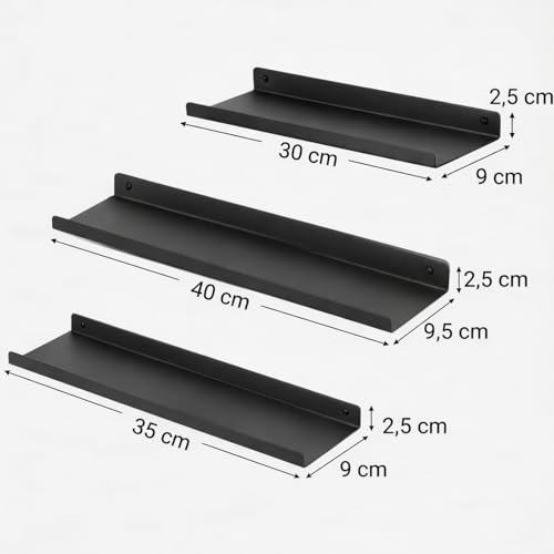 Orret Home 3’lü Metal Duvar Rafı Yapışkanlı Raf Seti Banyo Rafı Mutfak Rafı Dekoratif Duvar Rafı Siyah Minimal Raf Organizer Seti 30-35-40 cm