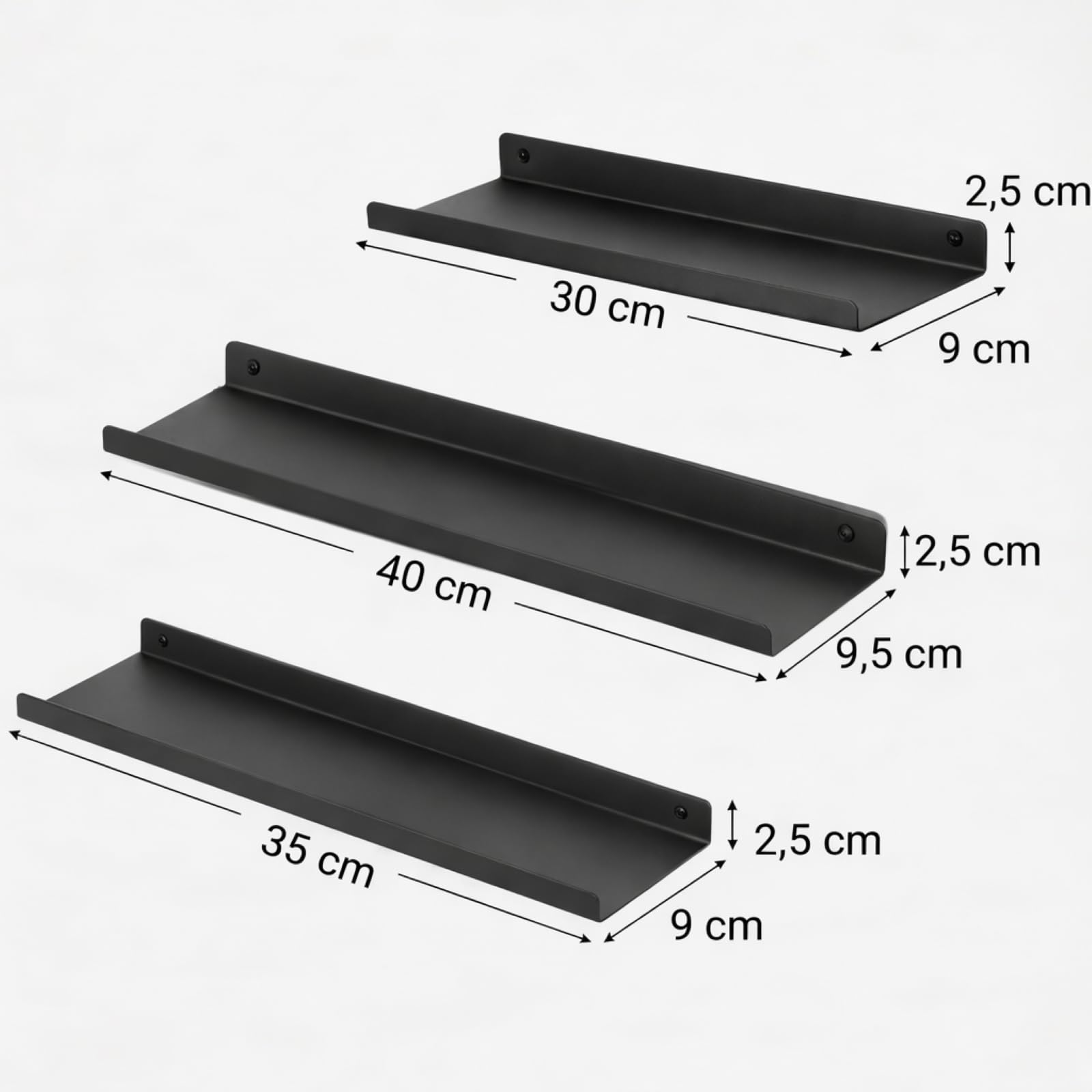 Orret Home 3’lü Metal Duvar Rafı Yapışkanlı Raf Seti Banyo Rafı Mutfak Rafı Dekoratif Duvar Rafı Siyah Minimal Raf Organizer Seti 30-35-40 cm