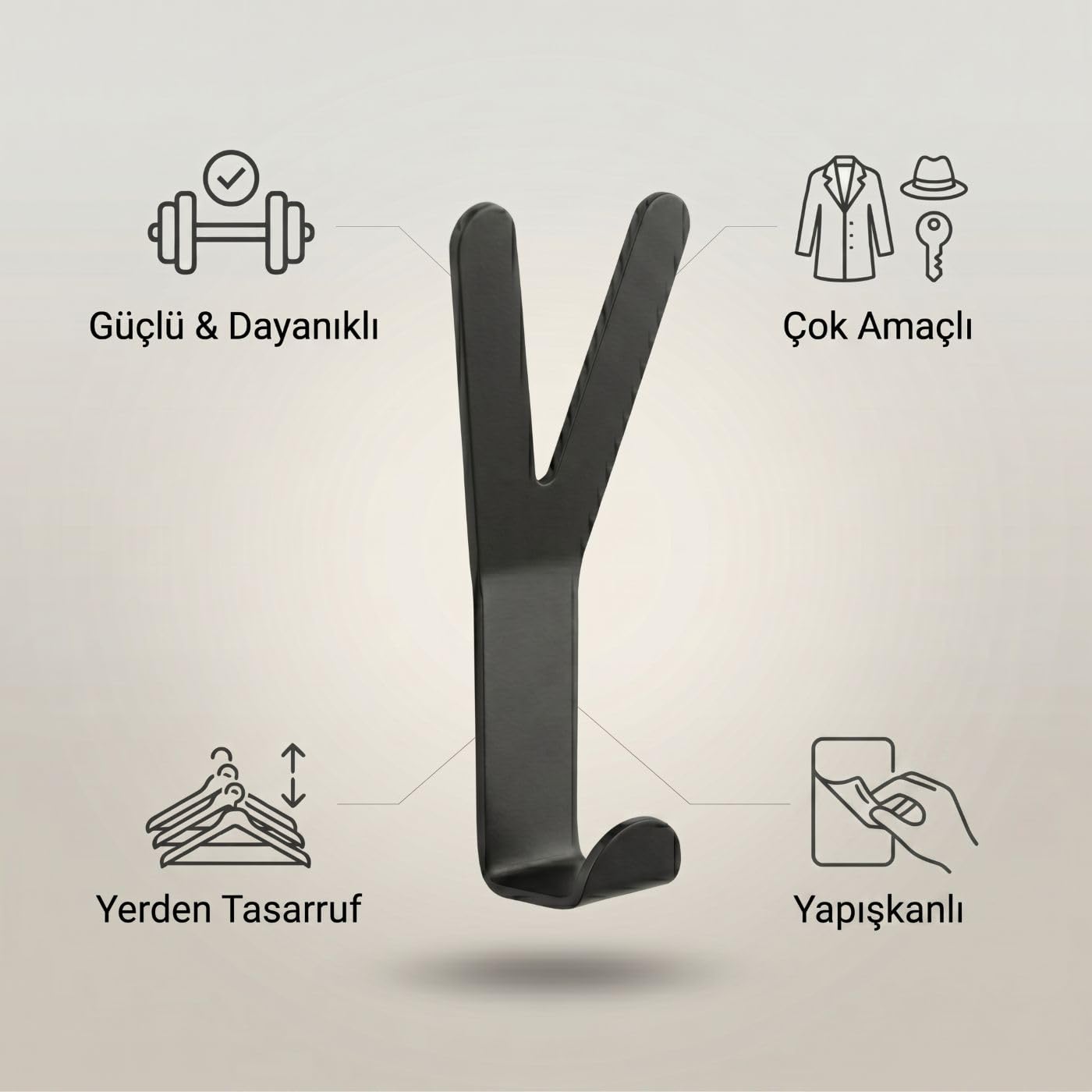 Orret Home Yapışkanlı Metal Y Askı Duvar Askısı Siyah Modern Tasarım Çok Amaçlı Askılık Gardrop Dolap İçi Banyo Mutfak Kapı Arkası Askı Güçlü Taşıma