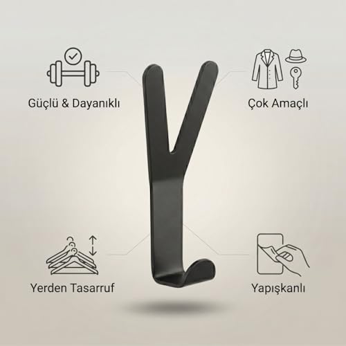 Orret Home Yapışkanlı Metal Y Askı Duvar Askısı Siyah Modern Tasarım Çok Amaçlı Askılık Gardrop Dolap İçi Banyo Mutfak Kapı Arkası Askı Güçlü Taşıma