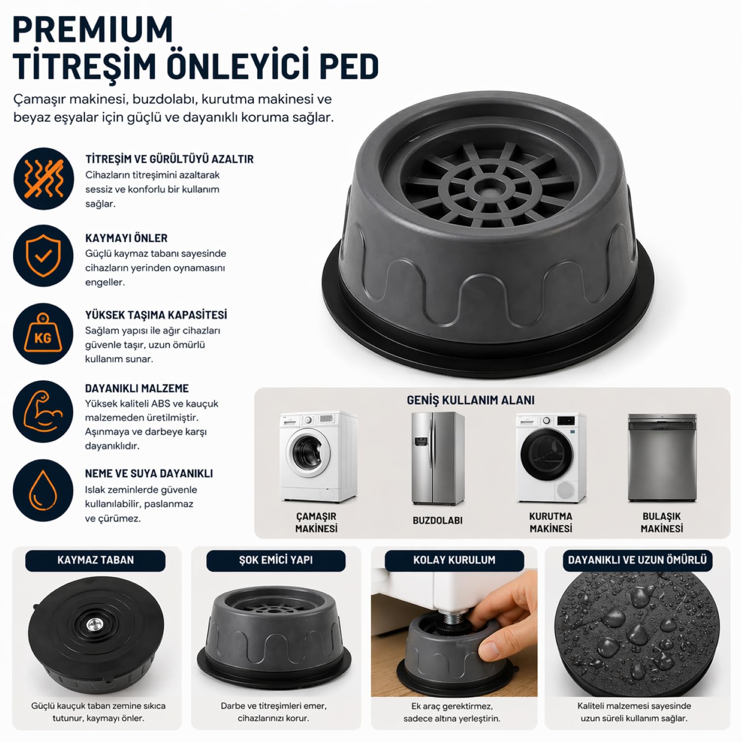 Orret Home Çamaşır Makinesi Titreşim Önleyici Ped 4 Adet Silikon Kaymaz Ayak Seti – Gürültü Azaltıcı Anti Vibrasyon Taban, Beyaz Eşya Altı Sabitleyici, Çamaşır Kurutma Makinesi Buzdolabı Titreşim Enge