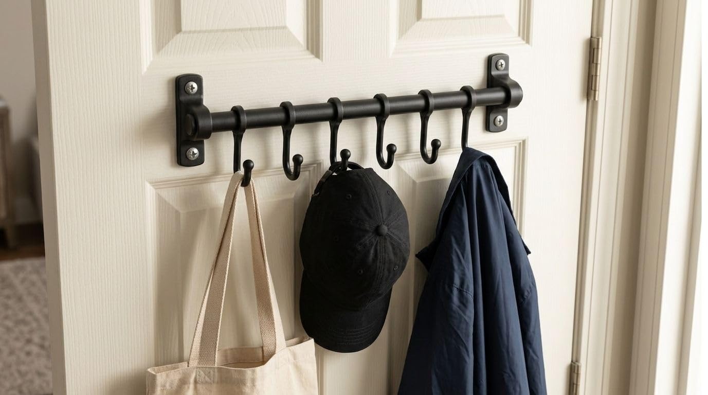 Orret Home 6 Kancalı Duvar Askısı Siyah Metal Askılık – Yapışkanlı ve Vidalı Montaj Seçeneği, Çok Amaçlı Fincan Askısı, Mutfak Banyo Kapı Arkası Askılık, Havluluk, Anahtarlık Organizer 50 cm