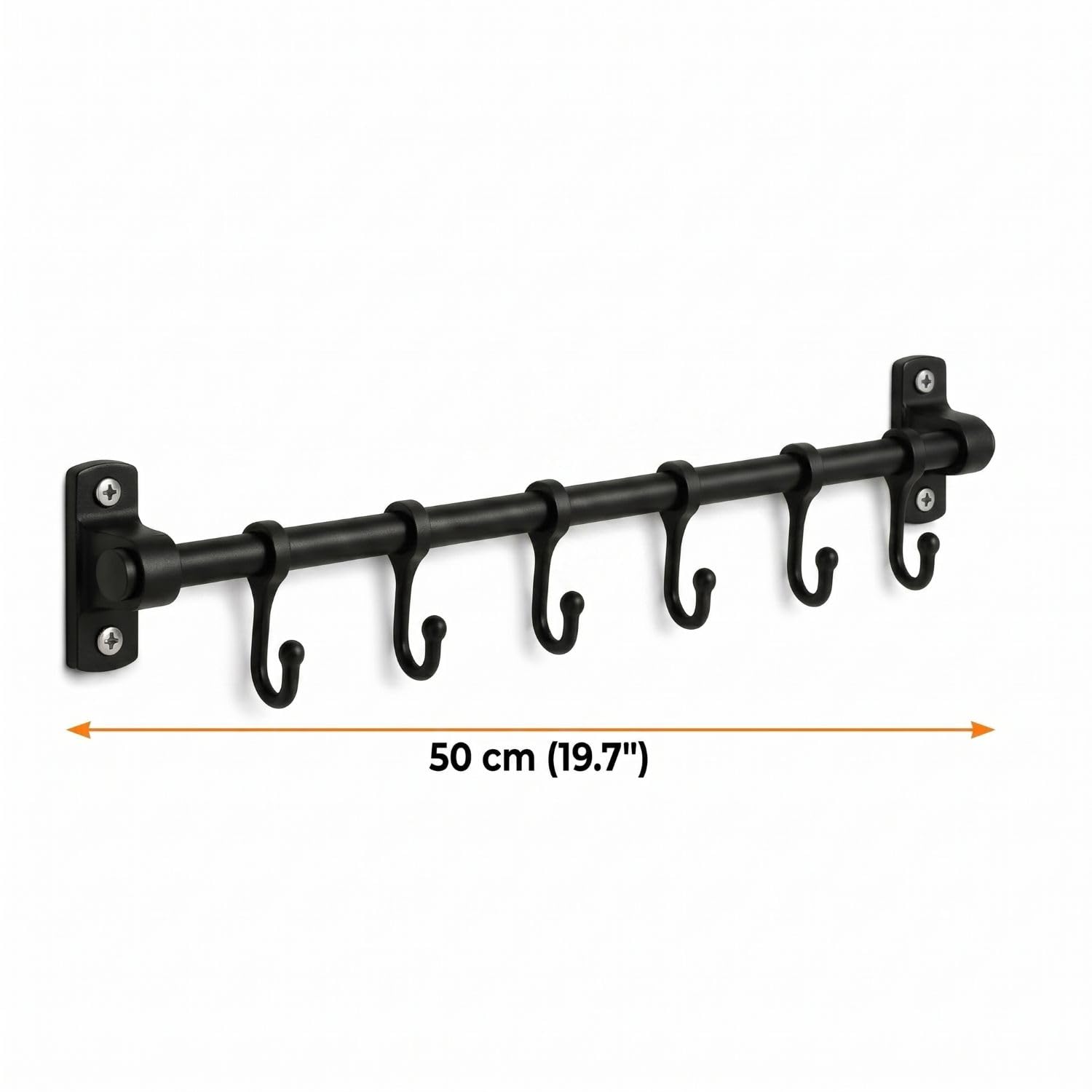 Orret Home 6 Kancalı Duvar Askısı Siyah Metal Askılık – Yapışkanlı ve Vidalı Montaj Seçeneği, Çok Amaçlı Fincan Askısı, Mutfak Banyo Kapı Arkası Askılık, Havluluk, Anahtarlık Organizer 50 cm