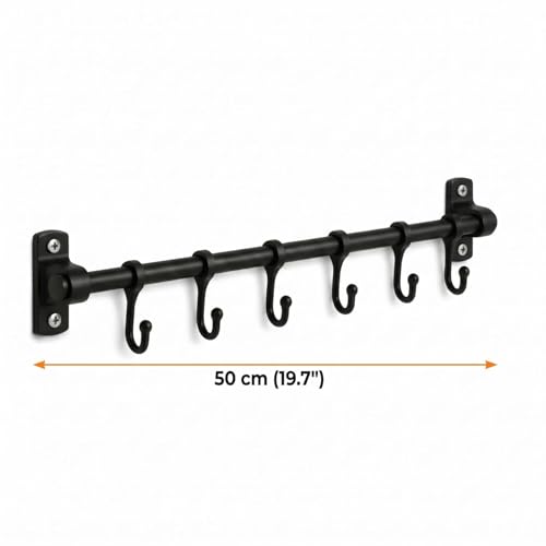 Orret Home 6 Kancalı Duvar Askısı Siyah Metal Askılık – Yapışkanlı ve Vidalı Montaj Seçeneği, Çok Amaçlı Fincan Askısı, Mutfak Banyo Kapı Arkası Askılık, Havluluk, Anahtarlık Organizer 50 cm