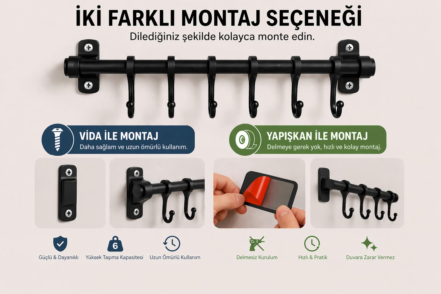 Orret Home 6 Kancalı Duvar Askısı Siyah Metal Askılık – Yapışkanlı ve Vidalı Montaj Seçeneği, Çok Amaçlı Fincan Askısı, Mutfak Banyo Kapı Arkası Askılık, Havluluk, Anahtarlık Organizer 50 cm