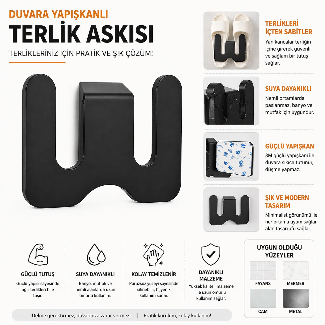 Orret Home Duvara Yapıştırılabilir Terlik Askısı Metal Terlik Organizeri Banyo Terlik Tutucu Yapışkanlı Duvar Askılığı Çift Terlik Aparatı Siyah Minimalist Tasarım