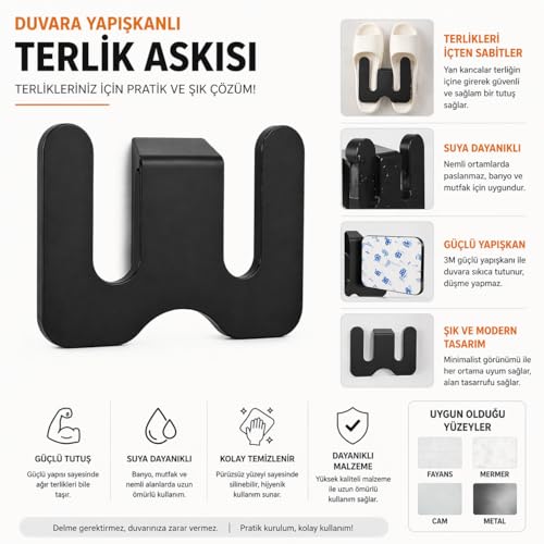 Orret Home Duvara Yapıştırılabilir Terlik Askısı Metal Terlik Organizeri Banyo Terlik Tutucu Yapışkanlı Duvar Askılığı Çift Terlik Aparatı Siyah Minimalist Tasarım