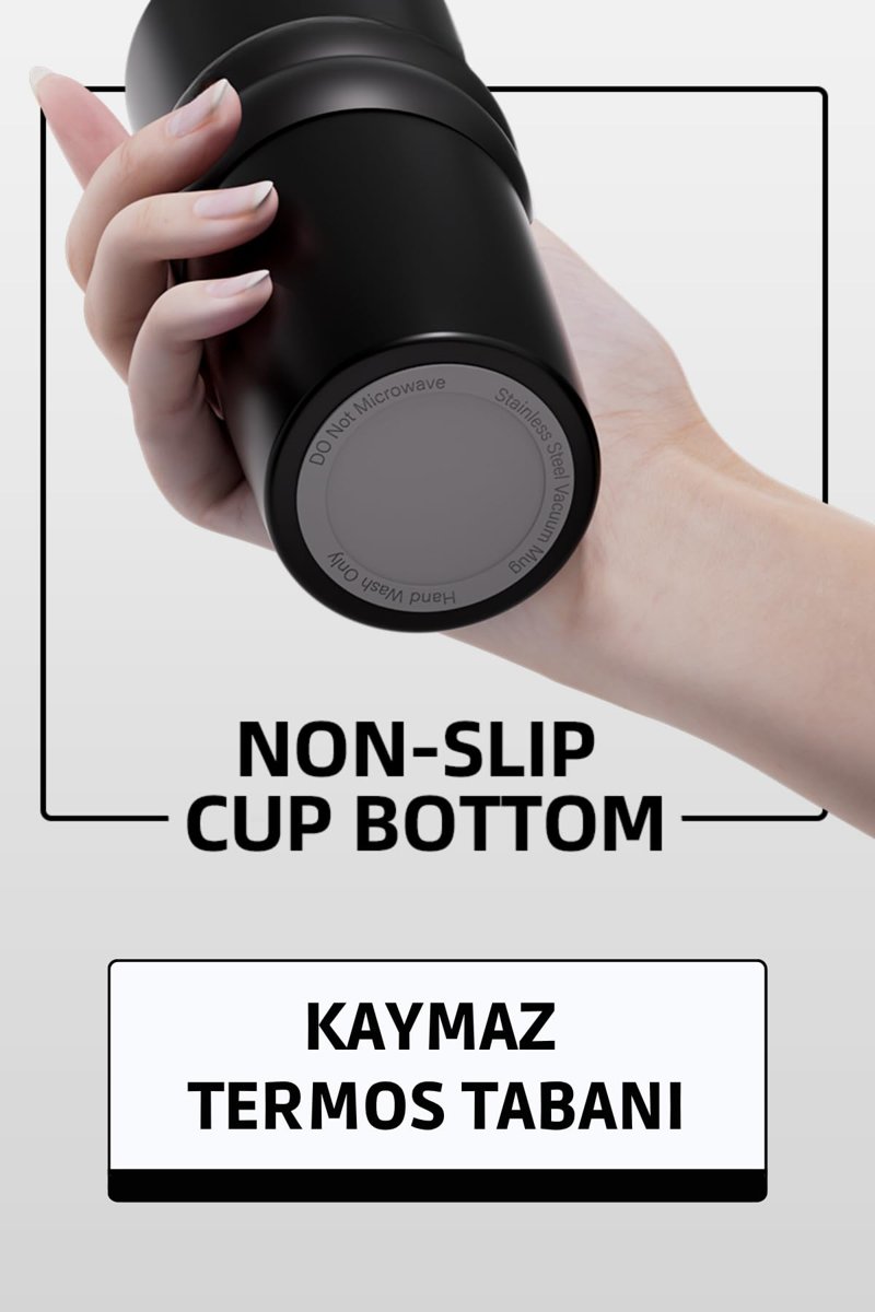 Lüks Çelik Termos Bardak - Çift Yalıtımlı Pipetli Mug - Mat Siyah-Sıcak-Soğuk