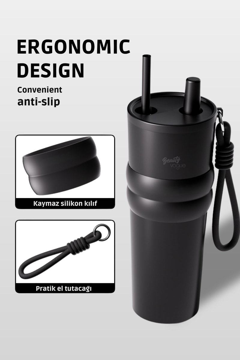 Lüks Çelik Termos Bardak - Çift Yalıtımlı Pipetli Mug - Mat Siyah-Sıcak-Soğuk