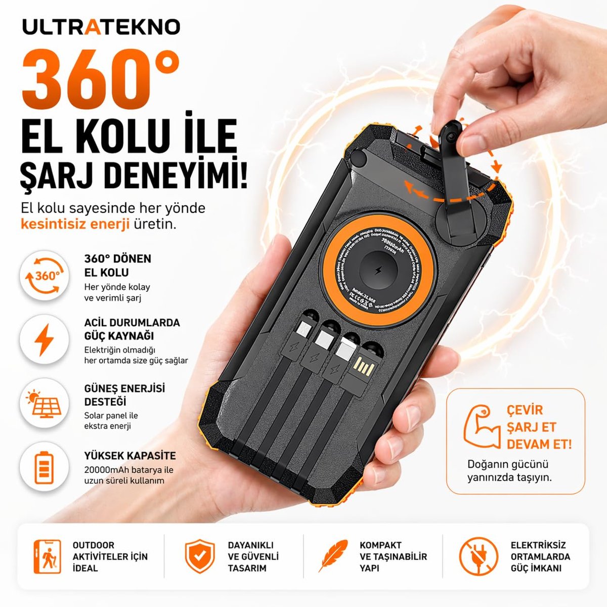 FC-20 Solar Powerbank 20000 mAh, 22.5W PD Hızlı Şarj, Kablosuz Şarj, El Kranklı Şarj, LED Fener, Pusula, Çoklu Kablolu Taşınabilir Güç Bankası