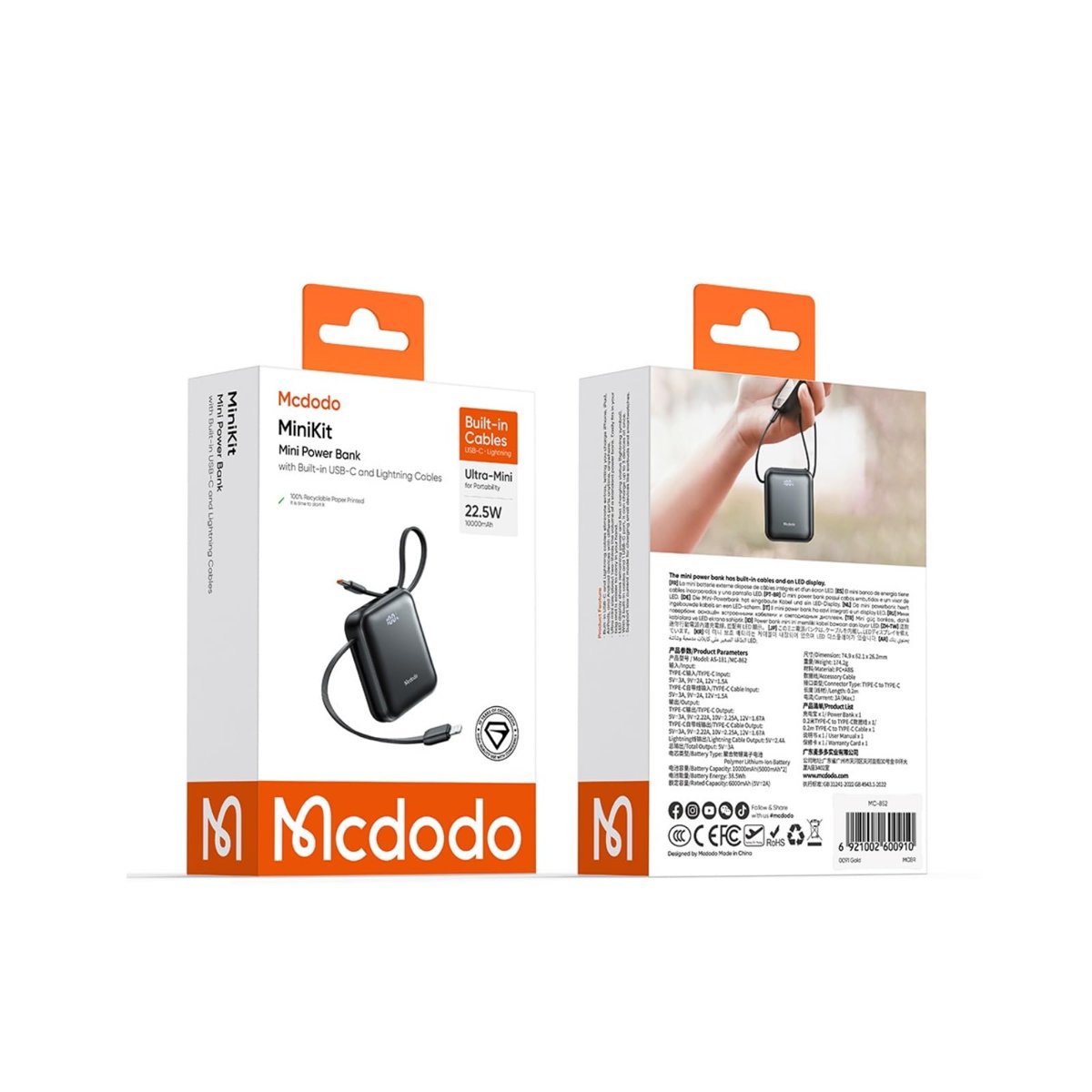 MCDODO MC-8620 10000mAh 22.5W PD Hızlı Şarj Dahili Kablolu Powerbank Siyah (Type-c/Lightning)