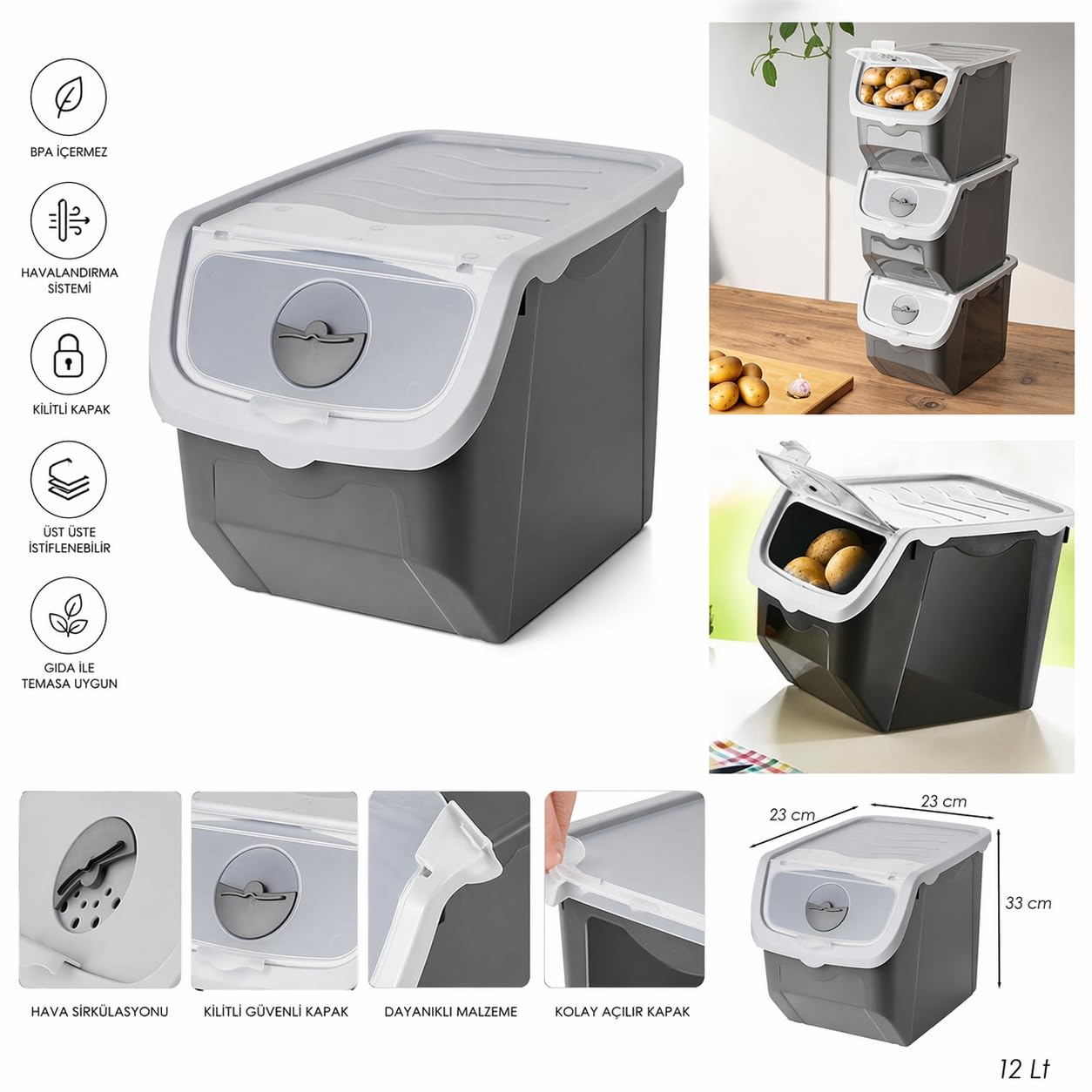 Orret Home 12 Litre Patates Soğan Saklama Kabı Hava Alabilir Kapaklı Sebze Saklama Kutusu Kilitli Kapaklı Sarımsak Organizer Plastik Erzak Saklama Kabı İstiflenebilir Kiler Düzenleyici (ASORTİ RENK)