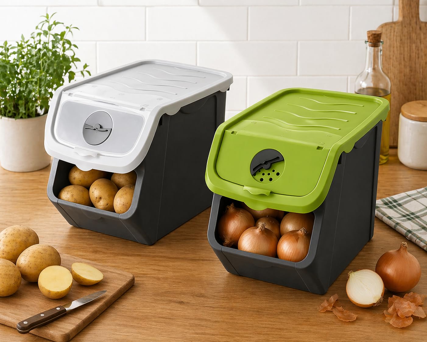Orret Home 12 Litre Patates Soğan Saklama Kabı Hava Alabilir Kapaklı Sebze Saklama Kutusu Kilitli Kapaklı Sarımsak Organizer Plastik Erzak Saklama Kabı İstiflenebilir Kiler Düzenleyici (ASORTİ RENK)