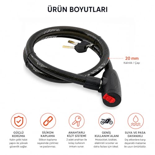 Orret Home 120 cm Çelik Halat Motorsiklet Kilidi Bisiklet Kilidi Silikon Kaplamalı Güvenlik Kilidi Anahtarlı Kablo Kilit Scooter Motosiklet Bisiklet Kilidi 20 mm Kalınlık Dayanıklı Paslanmaz (ASORTİ)