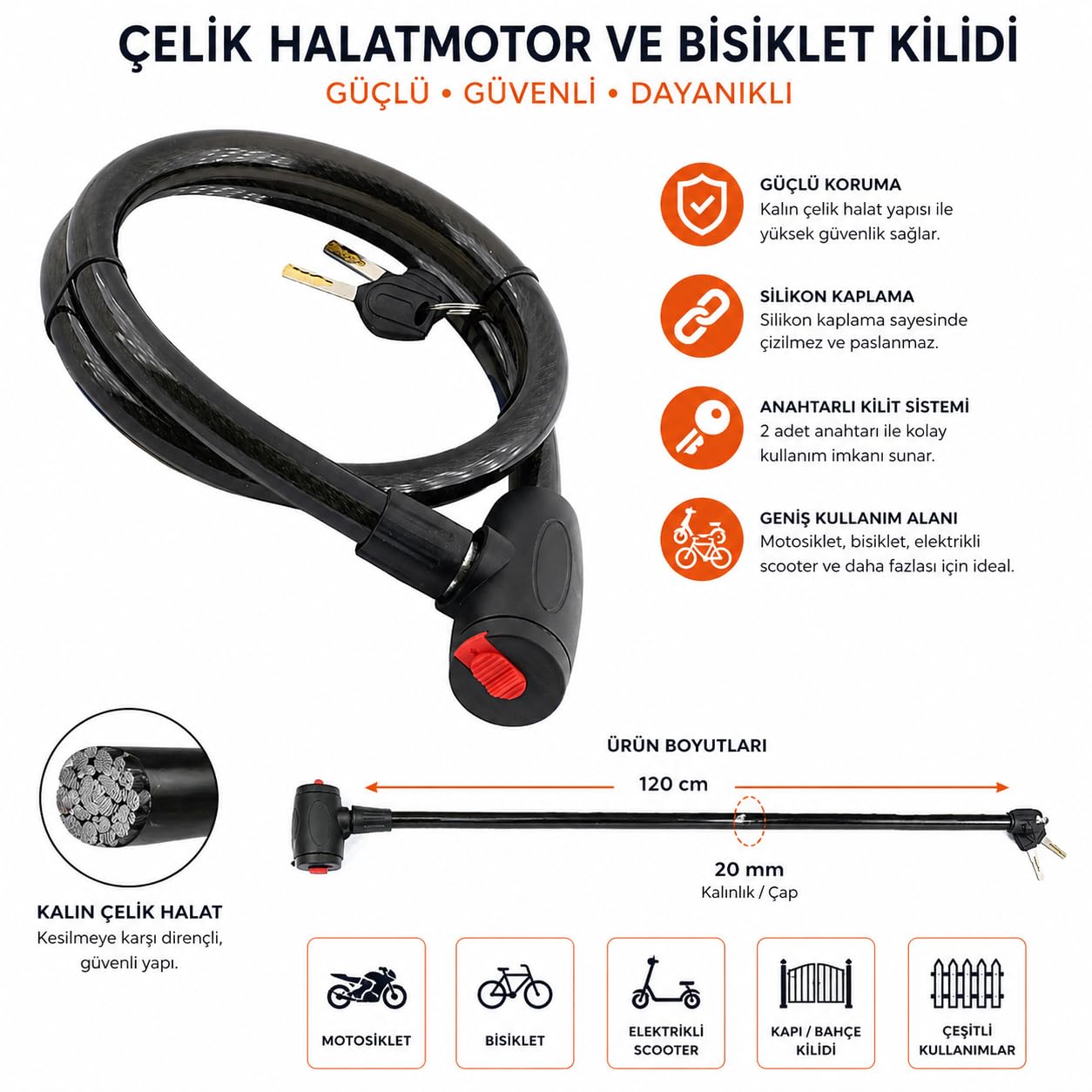 Orret Home 120 cm Çelik Halat Motorsiklet Kilidi Bisiklet Kilidi Silikon Kaplamalı Güvenlik Kilidi Anahtarlı Kablo Kilit Scooter Motosiklet Bisiklet Kilidi 20 mm Kalınlık Dayanıklı Paslanmaz (ASORTİ)