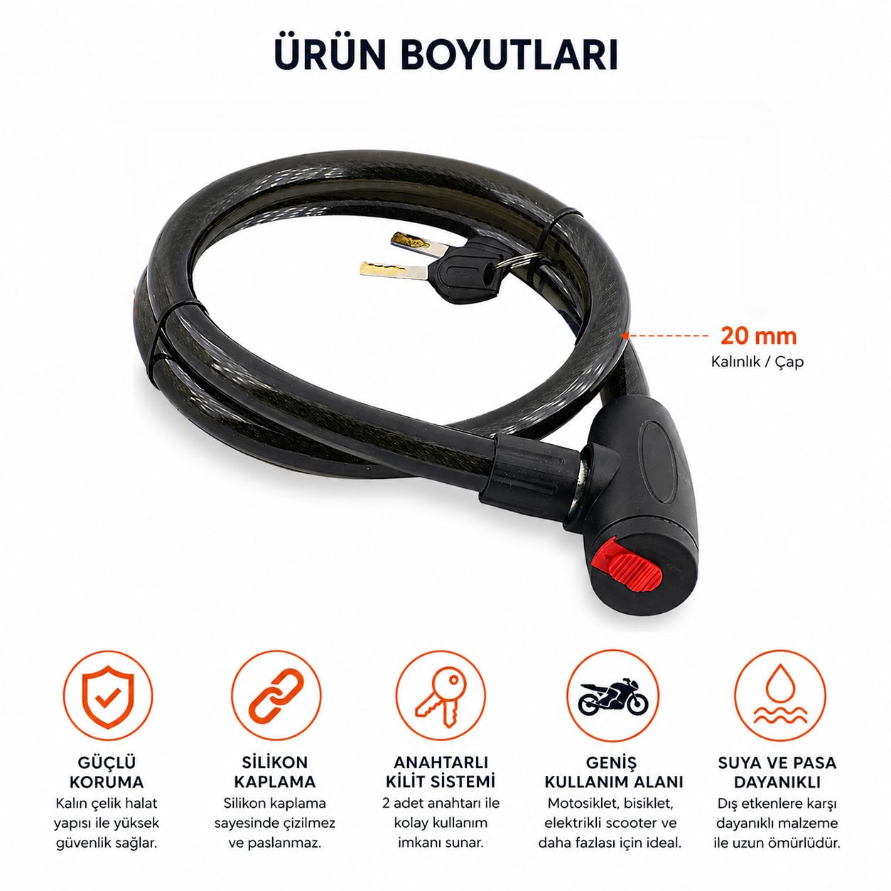 Orret Home 120 cm Çelik Halat Motorsiklet Kilidi Bisiklet Kilidi Silikon Kaplamalı Güvenlik Kilidi Anahtarlı Kablo Kilit Scooter Motosiklet Bisiklet Kilidi 20 mm Kalınlık Dayanıklı Paslanmaz (ASORTİ)